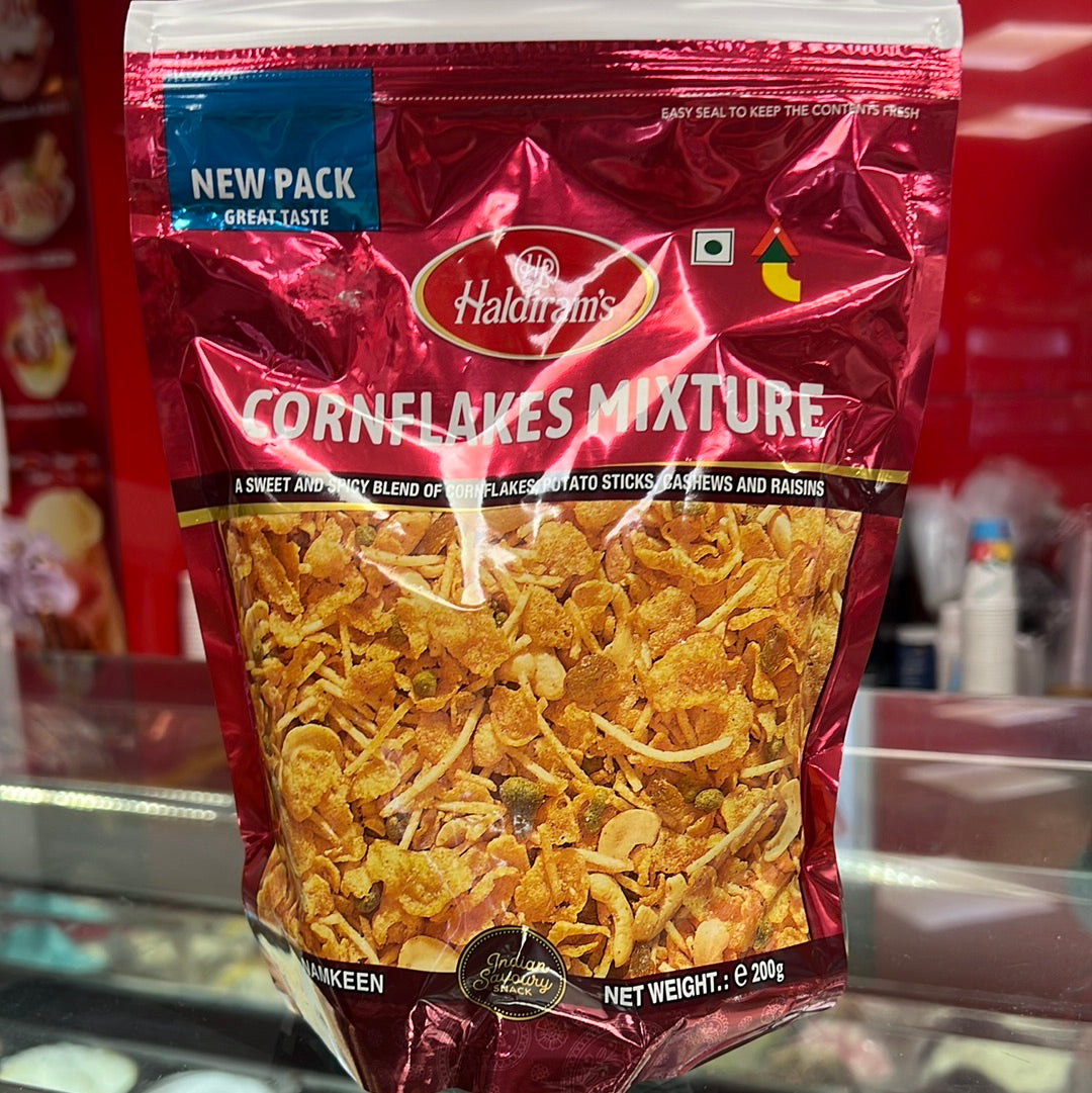 Halairams
CORNFLAKES MIXTURE
ASWEET AND SPICY BLEND OF CORNFLAKES, POTATO STICKS, CASHEWS AND RAISINS 200g