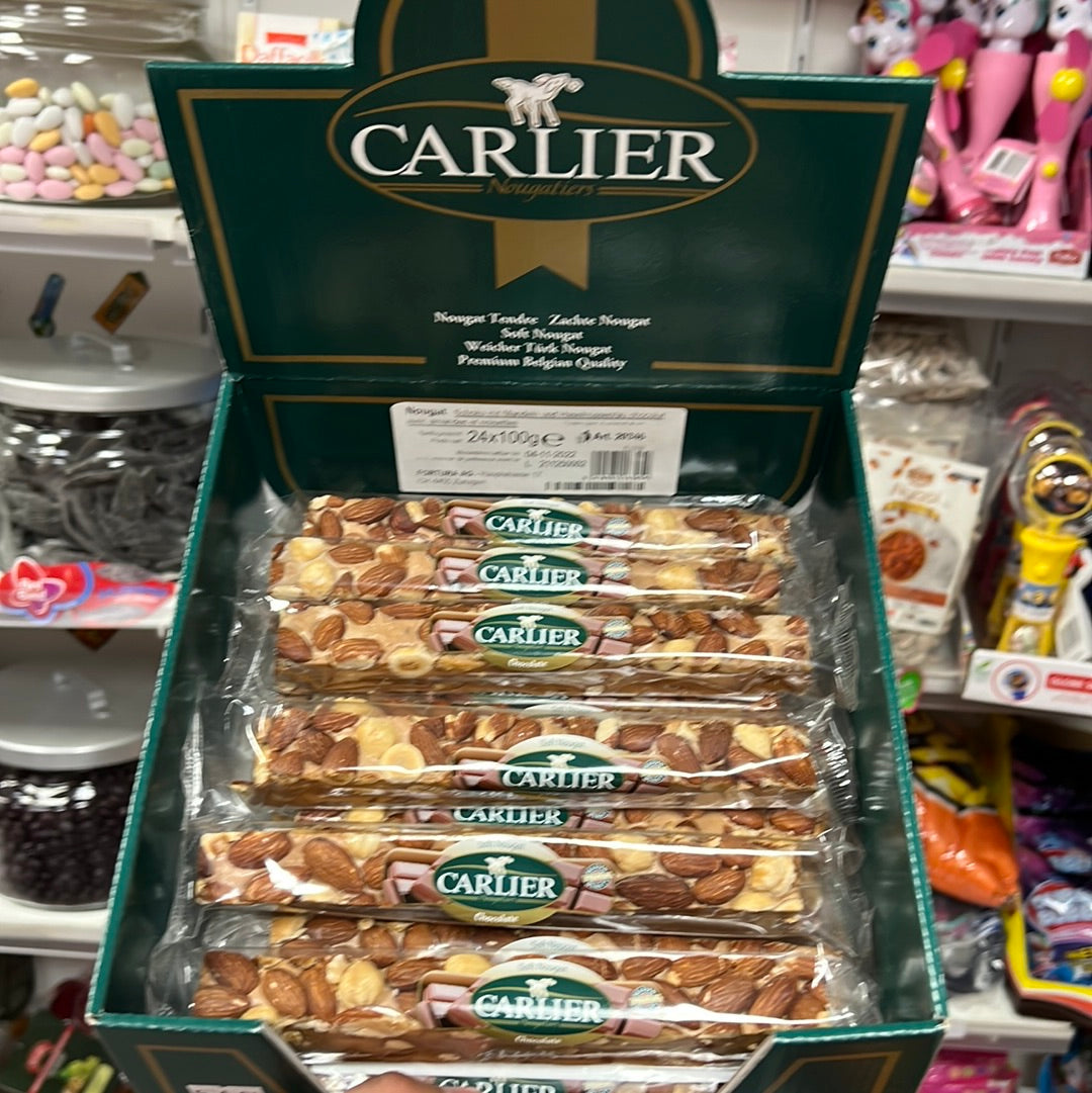 Nougat Stange schoko 100g.Carlier mit Nüssen & Mandenl