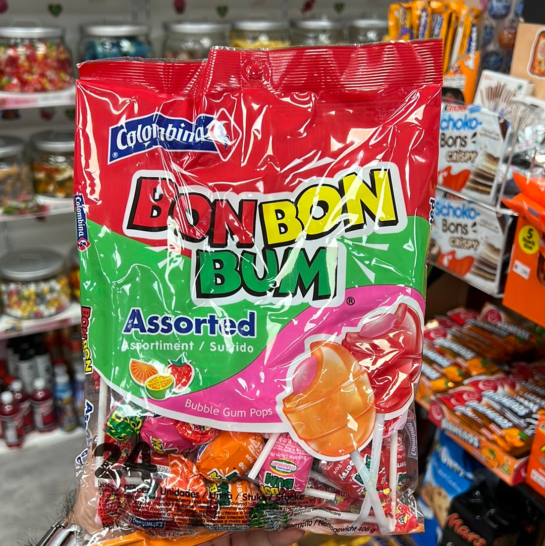 Colombina Bon Bon Bum Bubble Gum Lollipops Surtido Assorted Flavours,Bag of 24
